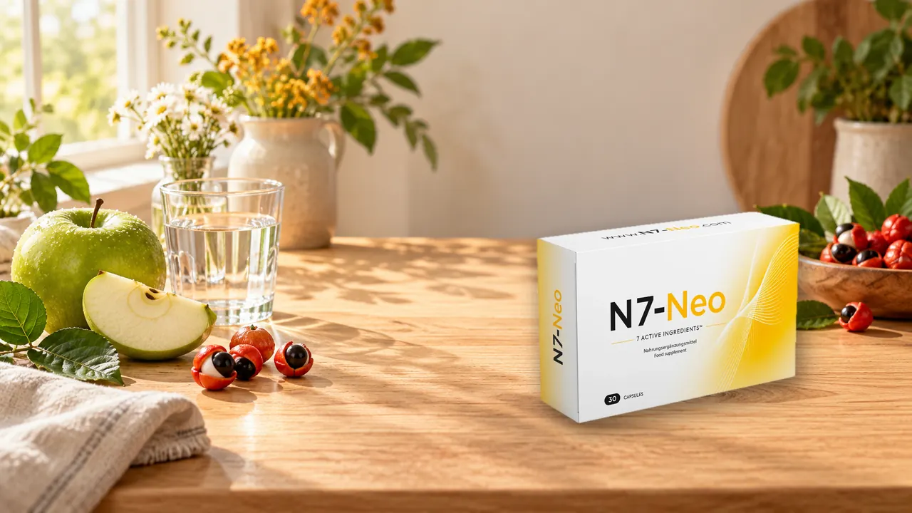 N7 Neo als Teil einer bewussten Alltagsroutine mit Wasser und Obst